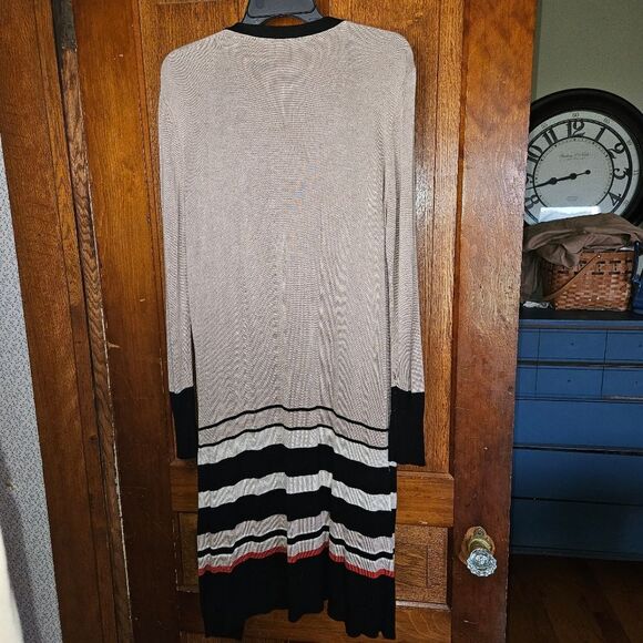 Valerie Stevens Long Tan Blue Striped Cardigan Sweater Womens Large Side Pockets - Picture 2 of 5